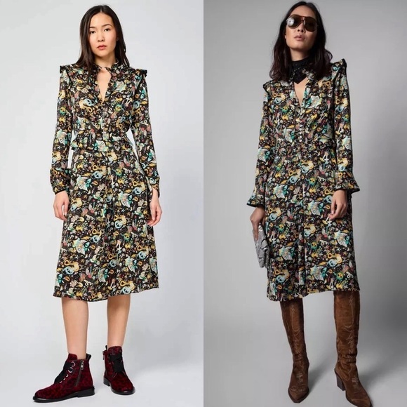 NEW ZADIG VOLTAIRE Circus Print Long Sleeve Tie Cuff Ruffled Button Up Dress XS - Picture 1 of 16